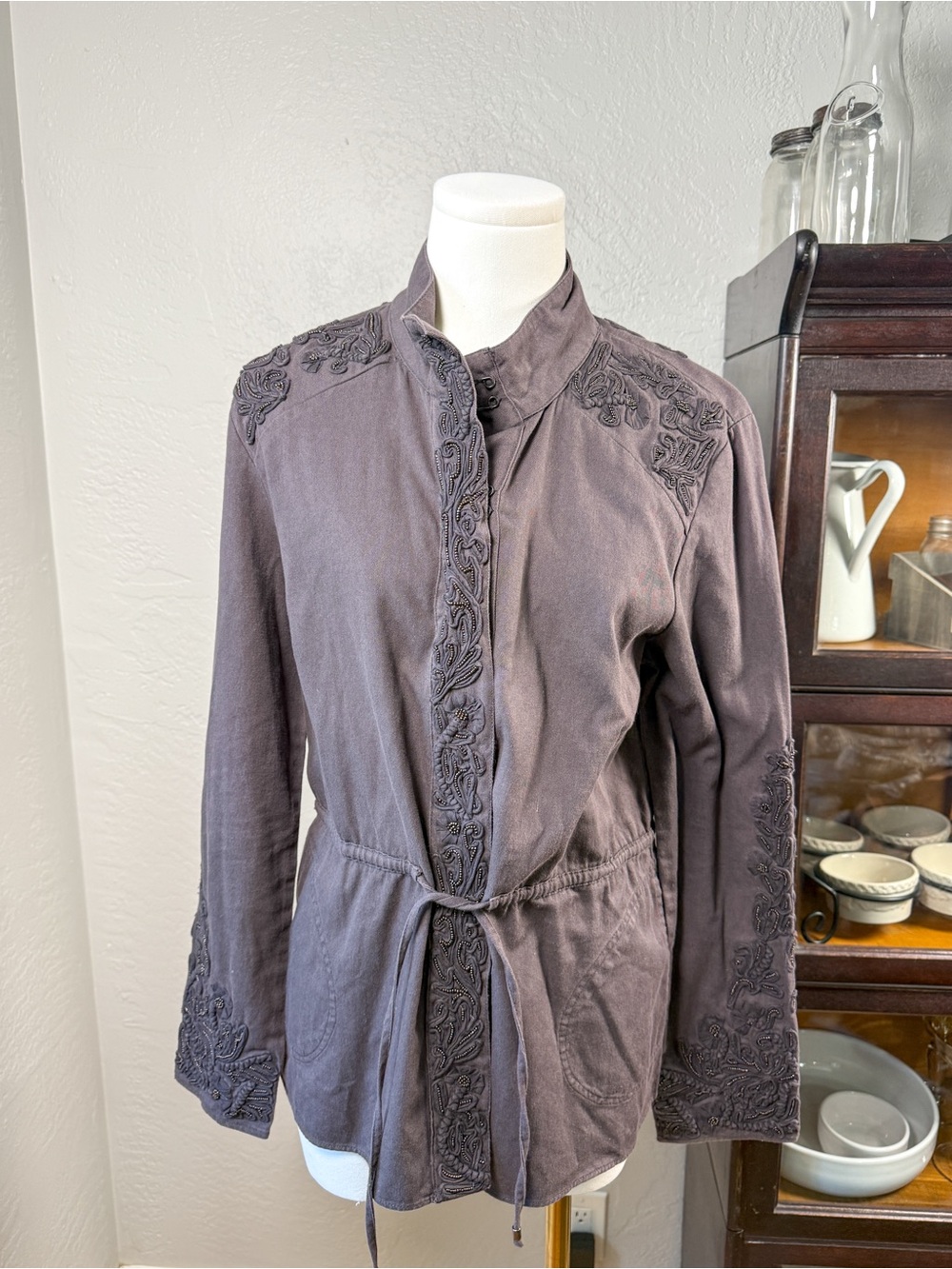 Love Sam Beaded Embroidered Utility Jacket Brown Cotton Size M
